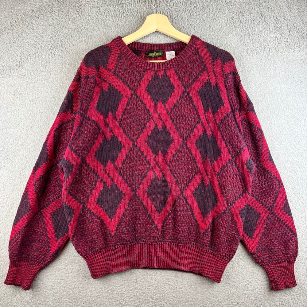 VTG Boundary Waters Mens Red Diamond Geometric Cotton Knit Sweater